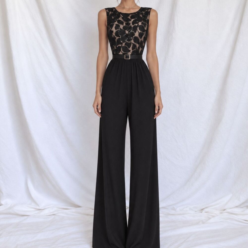 Vintage Y2K Black Lace Sequin Sleeveless Waist Tie Knit Wide Leg Jumpsuit Size M